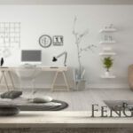 Wooden vintage table shelf with stone balance and 3d letters making the word feng shui over modern home corner office, zen concept interior design